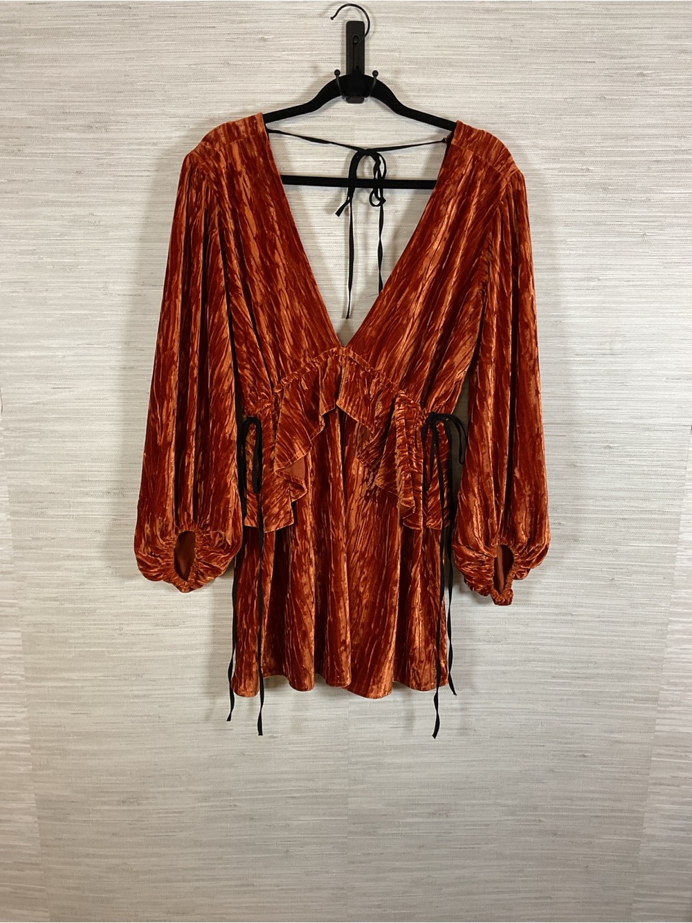 Topshop Burnt Orange Crushed Velvet Balloon Sleeve Side Tie DeepV Mini Dress 0